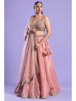 "Two Sisters" by Gyans - Pink Zardozi And Woven Tissue Lehenga Set