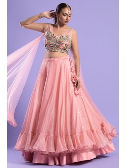 "Two Sisters" by Gyans - Pink Embellished Tissue Lehenga Set