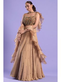 "Two Sisters" by Gyans - Gold Georgette Embroidered Sleeveless Skirt With Blouse And Dupatta