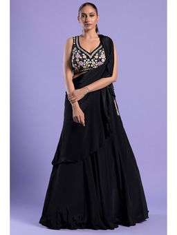 "Two Sisters" by Gyans - Black Crepe Embroidered Sleeveless Lehenga With Blouse And Dupatta
