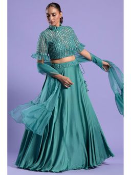 "Two Sisters" by Gyans - Teal High Neck Lehenga Set