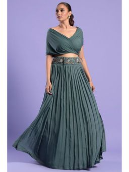 "Two Sisters" by Gyans - Green Lycra Embroidered Half Sleeves Top And Skirt