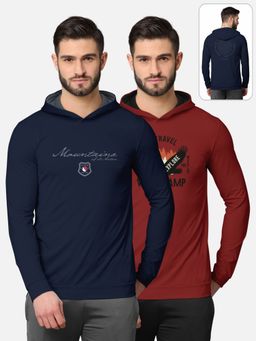 BULLMER - Printed Full Sleeve Hooded T-shirt For Men Navy Blue And Red (Pack of 2)