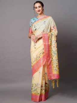 Odette - Yellow Festive Linen Blend Printed Saree with Unstitched Blouse