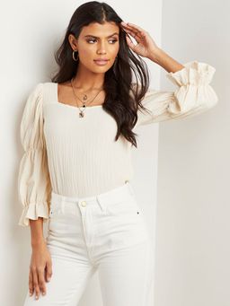 Styli - Cream Textured Square Neck Top With Bishop Sleeves
