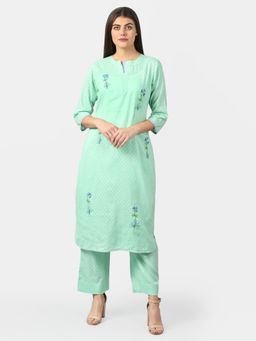 DART STUDIO - Cotton Jacquard Kurta With Hand Embroidery Green