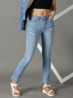 SHOWOFFFF - Women's Stretchable Mildly Distressed Blue Relaxed Fit Jeans