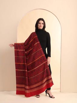 Zamour - Maroon Jacquard Woven Stripe Floral Pattern Maroon Shawl