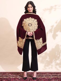 Zamour - Maroon Velvet Zari Flower Embroidered Stole