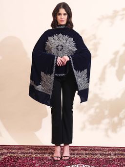 Zamour - Navy Blue Velvet Zari Flower Embroidered Stole