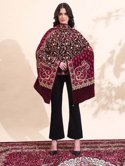 Zamour - Maroon Velvet Royal Zari Embroidered Stole