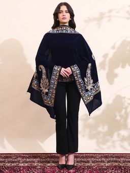 Zamour - Navy Blue Floral Paisley Velvet Embroidered Stole