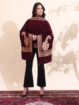 Zamour - Maroon Floral Paisley Velvet Embroidered Stole