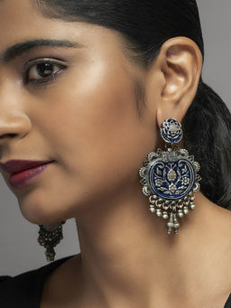 Divas Mantra - 92.5 Silver Oxidised Intense Flower Motif Dangler Long Earrings