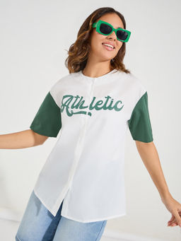 Styli - Women White Oversized Fit Longline Collarless Typography Shirt