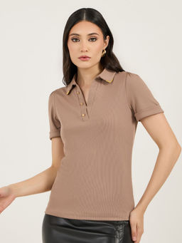 Styli - Women Brown Textured Regular Fit Short Sleeves Top