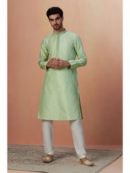 Manyavar - Art Silk Green Self Design Mandarin Collar Kurta with Pencil Pajama (Set of 2)