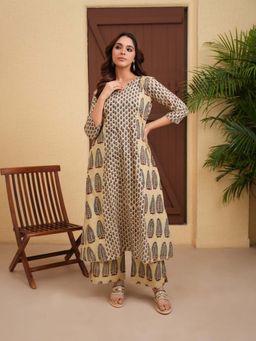 LOVE CHIC - Cream Cotton Ajrakh A-Line Kurta with Palazzo (Set of 2)