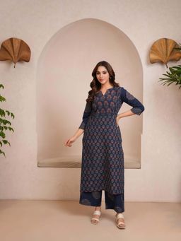 LOVE CHIC - Navy Blue Cotton Ajrakh Flared Kurta with Palazzo (Set of 2)