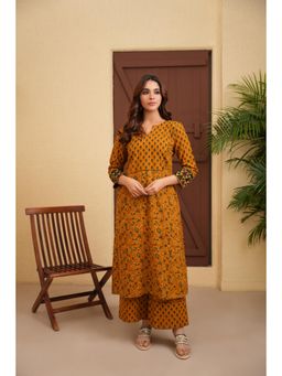 LOVE CHIC - Mustard Cotton Ajrakh Flare Kurta with Palazzo (Set of 2)