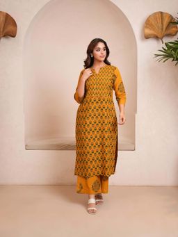 LOVE CHIC - Yellow Cotton Ajrakh Flare Kurta with Palazzo (Set of 2)