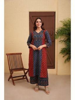 LOVE CHIC - Navy Blue Cotton Ajrakh Straight Kurta with Palazzo (Set of 2)
