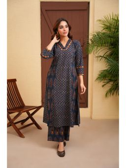 LOVE CHIC - Blue Cotton Ajrakh A-Line Kurta with Hand Embroidery Palazzo (Set of 2)