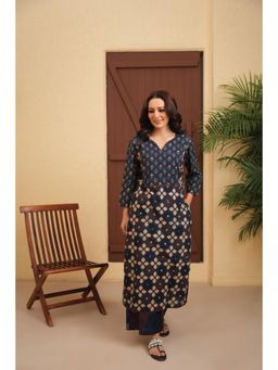 LOVE CHIC - Blue Cotton Ajrakh Straight Kurta with Hand Embroidery Palazzo (Set of 2)
