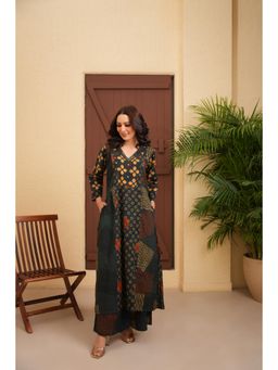 LOVE CHIC - Green Cotton Ajrakh Flared Kurta with Palazzo (Set of 2)