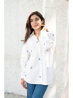 October - Porcelain Blue Rose Handpainted Cotton Shirt