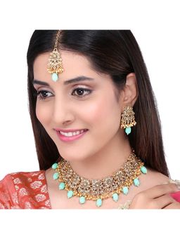 Yellow Chimes - Kundan Embellished Gold- toned Jewellery Set with Maang-tikka