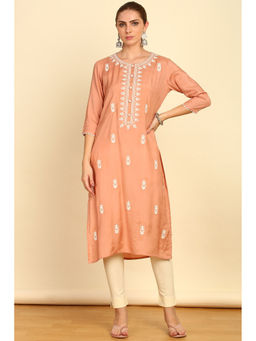 Soch - Womens Peach Floral Embroidered Straight Cotton Kurta