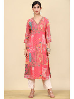 Soch - Womens Pink Printed Cotton Straight Kurta with Beads