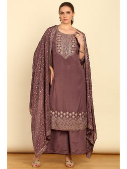Soch - Womens Mauve Yoke Embroidered Kurta with Palazzo and Dupatta (Set of 3)