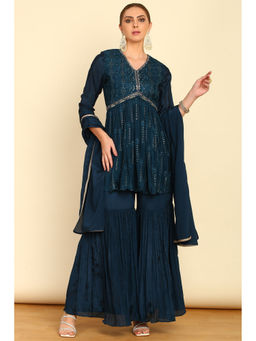 Soch - Womens Navy Blue Embroidered Kurti with Sharara and Dupatta (Set of 3)