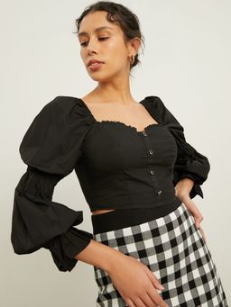 Pomelo - Long Puffed Sleeve Fit Blouse - Black