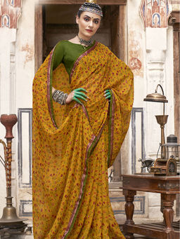 Odette - Mustard Georgette Floral Printed Saree with Unstitched Blouse