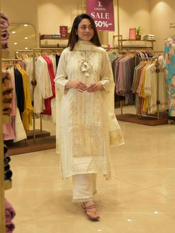Lakshita - Ivory Embroidered Chanderi Kurta with Pant and Dupatta (Set of 3)