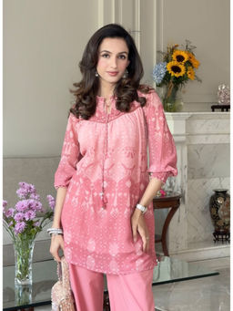 Lakshita - Pink Printed Chiffon Jacquard A-Line Tunic for Women