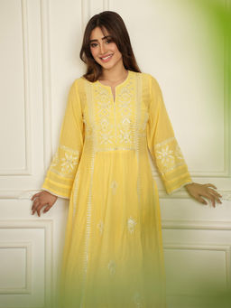 Lakshita - Women Yellow Embroidered Cotton Viscose Crinkle Kurta with Salwar (Set of 2)