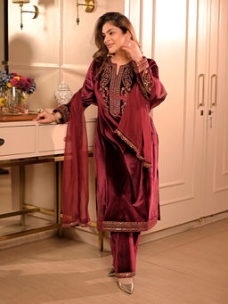 Lakshita - Maroon Embroidered Kurta Pant With Dupatta