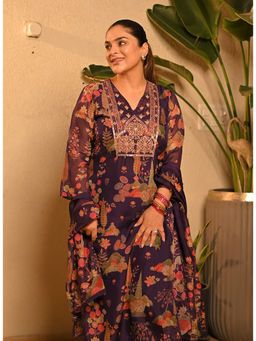Lakshita - Purple Floral Printed Organza Kurta With Pant and Dupatta