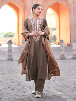 Lakshita - Nylon Brown Embroidered Kurta with Pant and Dupatta