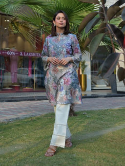 Lakshita - Light Blue Embroidered Linen-Blend Kurti