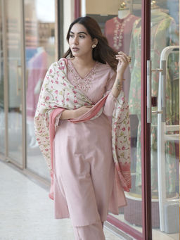Lakshita - Women Pink Cotton Blend Embroidered Kurta with Pant and Dupatta