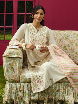 Lakshita - Women Ivory Embroidered Kurta with Pant and Dupatta