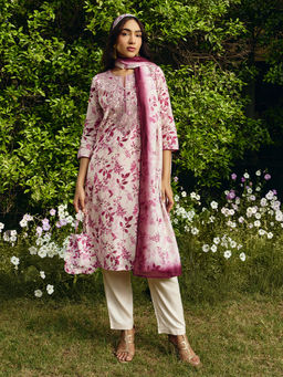 Lakshita - Women Pink Printed Chanderi Kurta with Pant and Dupatta