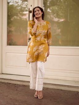 Lakshita - Aboli Mustard Floral Printed Straight Kurta