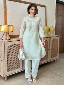 Lakshita - Mint Green Embroidered Chanderi Kurta with Pant & Dupatta