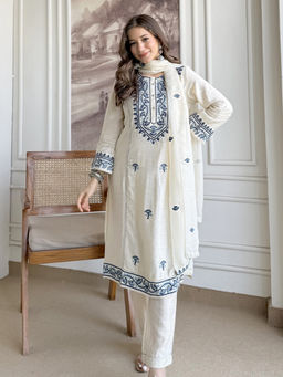 Lakshita - Kora Ivory Cotton Blend Embroidered Kurta and Pant with Dupatta